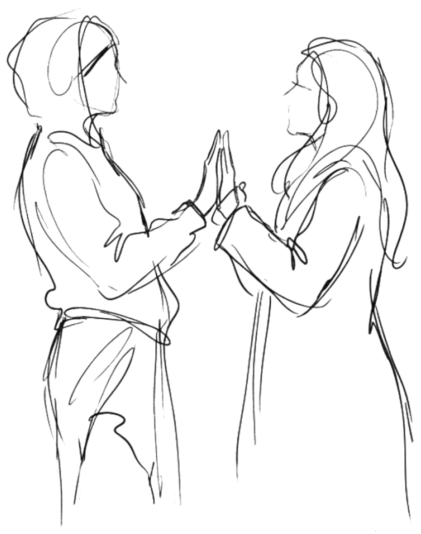 1-2-1 breathwork session two figures face to face, both hands touching in front, symbolising human connection, mindfulness, and personal growth.